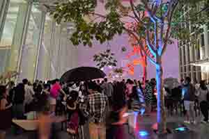 Crowd outside IFC mall viewing fireworks on national day, Central, 1 October 2017