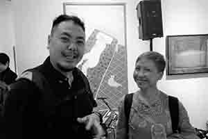 Artists Chow Chun Fai and Jaffa Lam at the opening of 'Living in Compassion: The Art of Chu Hing Wah', Hanart TZ Gallery, Pedder Street, Central, 8 December 2017