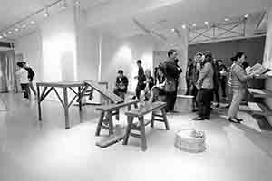 Chairs and table for a lion dance performance, Spring Workshop, Wong Chuk Hang, 10 December 2017