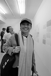 Choi Yan-chi, at the opening of the 'Interval in Space' exhibition, Osage, Kwun Tong, 15 December 2017