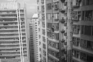 Scaffolding workers creating a bamboo platform at height, Sheung Wan, 4 January 2018