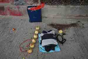 Fruit and clothes left at a roadside shrine, Deep Water Bay, 28 January 2018