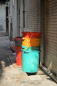 Buckets in an alleyway, Kowloon, 16 February 2018