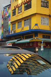 Reflection of buildings on a car windshield, Sham Shui Po, 16 February 2018
