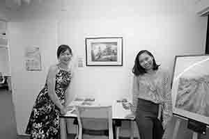 Artist Elaine Chiu (left) at her exhibition, Causeway Bay, 16 March 2018