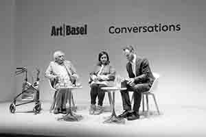 Rasheed Araeen and Hoor Al Qasimi participating in Art Basel Conversations, Convention and Exhibition Centre, Wanchai, 29 March 2018