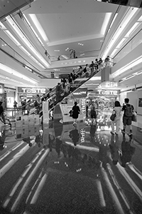 Shops and an escalator in Festival Walk, Kowloon Tong, 3 April 2018