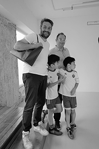Tobias Berger with his brother and his sons at an art exhibition, Osage Gallery, Kwun Tong, 29 April 2018