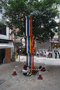 Artwork by Kacey Wong being installed in Shin Hing Street, Central, 30 April 2018