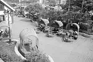 Seating in the promenade designed to look like sampans, Aberdeen, 18 June 2018