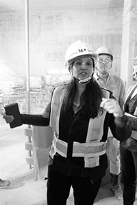 Suhanya Raffel, on a visit to the construction site of M+, West Kowloon, 14 December 2018