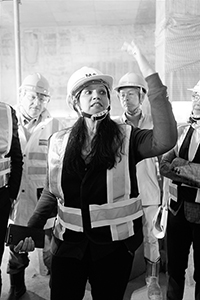 Suhanya Raffel, on a visit to the construction site of M+, West Kowloon, 14 December 2018