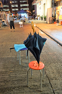 Umbrellas on stools, Temple Street, Yau Ma Tei, 7 July 2019