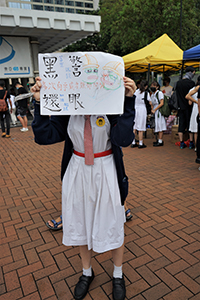 Student with a sign, student strike rally, Edinburgh Place, Central, 2 September 2019