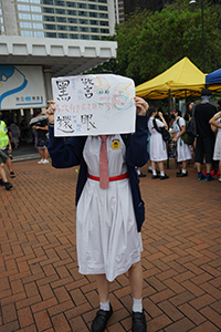 Student with a sign, student strike rally, Edinburgh Place, Central, 2 September 2019