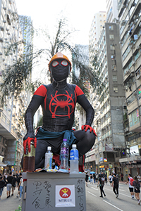 Protester in Spiderman outfit on Hennessy Road, Wanchai, 15 September 2019