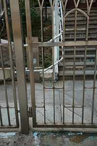 Entrance to Kowloon Mosque stained with blue dye from a water cannon, 21 October 2019