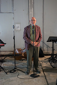 Jeffrey Shaw speaking after the opening of a retrospective exhibition of his artwork, Osage, Kwun Tong, 12 November 2019