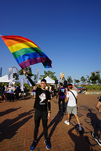 Rainbow flag at a gay pride rally, Edinburgh Place, 16 November 2019