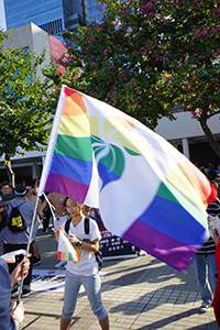 Rainbow flag at a gay pride rally, Edinburgh Place, 16 November 2019