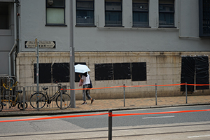 Black plastic bags covering graffiti on a wall outside Western Police Station, Des Voeux Road West, Sai Ying Pun, 22 July 2019