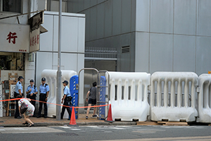 Barricade outside the back entrance to the Liaison Office of the Central People's Government, Des Voeux Road West, Sai Ying Pun, 26 July 2019