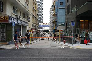 Orange tape closing Chiu Kwong Street, Sai Ying Pun, 28 July 2019