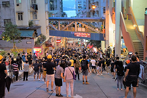 Protesters and others on Centre Street outside Sai Ying Pun Market, 28 July 2019