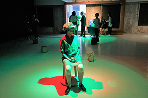 Person viewing the virtual reality film 'Kowloon Forest', Osage Gallery, Hing Yip Street, Kwun Tong, 5 July 2019