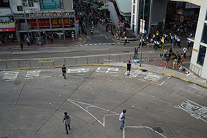 Protesters retreating from police, 'Reclaim Sheung Shui' protest against parallel traders from China, Lung Sum Avenue, 13 July 2019