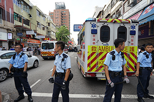 Police line, 'Reclaim Sheung Shui' protest against parallel traders from China, 13 July 2019