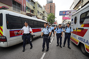 Police line, 'Reclaim Sheung Shui' protest against parallel traders from China, 13 July 2019