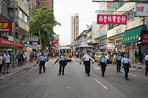 Police line, 'Reclaim Sheung Shui' protest against parallel traders from China, San Fung Avenue, 13 July 2019