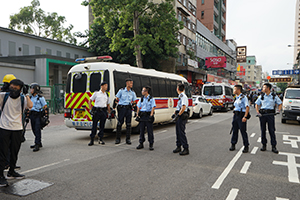 Police line, 'Reclaim Sheung Shui' protest against parallel traders from China, San Fung Avenue, 13 July 2019