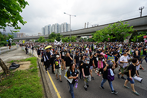 Crowds marching from Tai Wai to Sha Tin, on an anti-extradition bill march,  Che Kung Miu Road, 14 July 2019