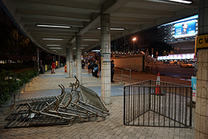 Barricades and crowd control barriers at a bus stop near the Cross-Harbour Tunnel, Hung Hom, 3 August 2019
