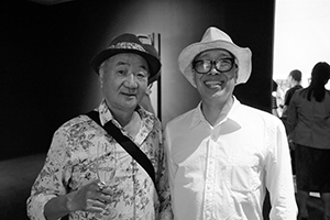 Writer Lau Kin Wai (left) and artist Bing Lee (right), at the opening of an exhibition of artwork by Louise Nevelson and Yin Xiuzhen, Pace Gallery, H Queen's, Central,  20 September 2019