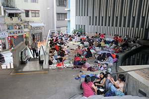 Domestic helpers gathering on a podium area beneath Island Crest, Sai Ying Pun, 22 September 2019