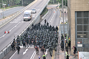 Riot police on Harcourt Road, Admiralty, 1 October 2019