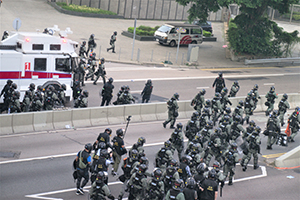 Riot police and water cannon vehicle on Harcourt Road, Admiralty, 1 October 2019