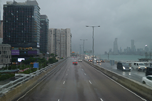 View through a bus window in rainy weather, Island Eastern Corridor, 6 October 2019