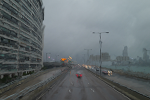 View through a bus window in rainy weather, Island Eastern Corridor, 6 October 2019