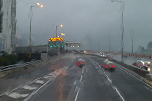 View through a bus window in rainy weather, Island Eastern Corridor, 6 October 2019