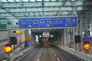 Entering the Central - Wanchai Bypass from the eastern end on a rainy day, 6 October 2019