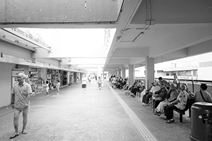 Elderly people resting on benches, Kwai Shing West Estate, New Territories, 18 October 2019