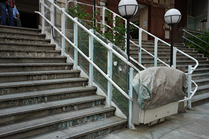 Steps to the Kowloon Mosque stained with blue dye from a water cannon, 21 October 2019