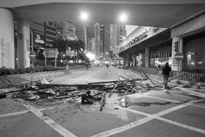 Barricade on Connaught Road Central, street protest against the anti-mask law due to come into force at midnight, 4 October 2019