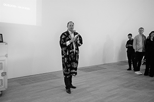 Tobias Berger giving the opening speech of the exhibition 'Phantom Plane, Cyber Punk in the Year of the Future', Tai Kwun, Central, 4 October 2019