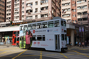 Tram on Des Voeux Road West with an advert for the Hong Kong Open, Sai Ying Pun, 7 November 2019
