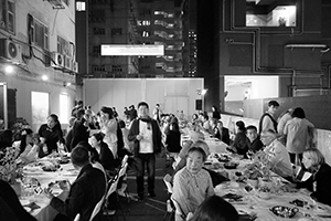 Dining on a terrace after the opening of a retrospective exhibition of Jeffrey Shaw's artwork, Osage, Kwun Tong, 12 November 2019